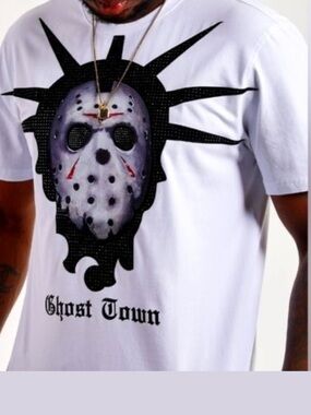 MENS ROKU STUDIO RHINESTONE GHOST TOWN TEE - White T-SHIRT. Size Large